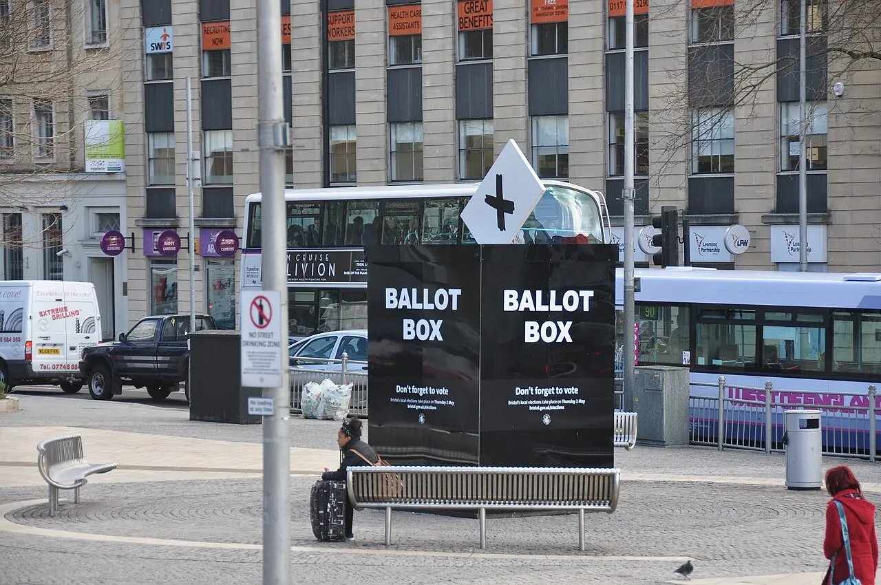 A large ballot box stands in Bristol city centre in the United Kingdom.