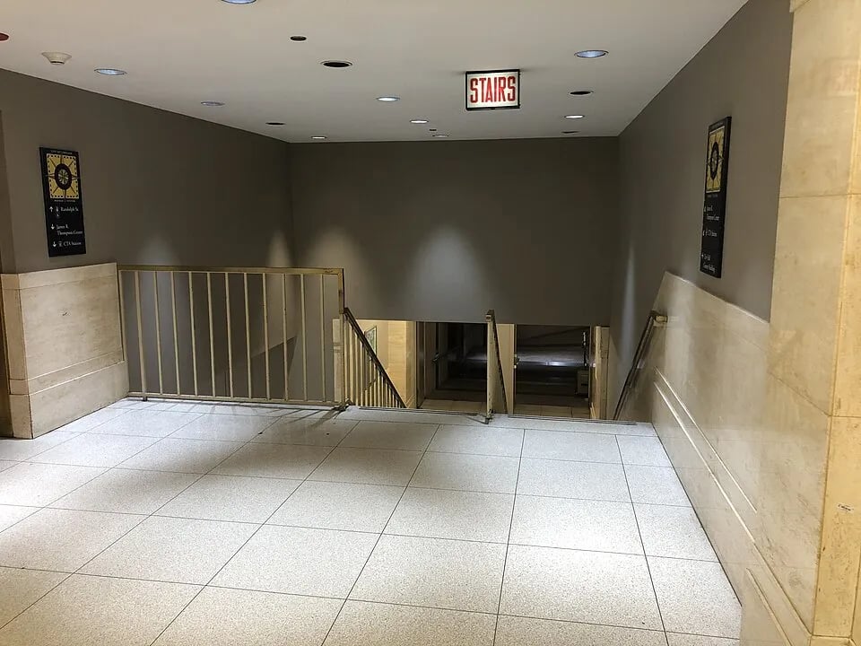 A stairway leading into part of the Chicago Pedway system.