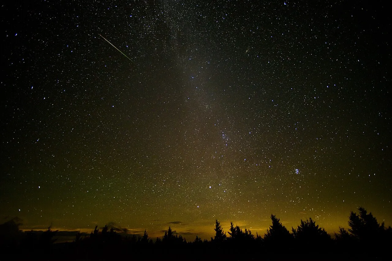 A bright Perseid meteor crosses a star-filled sky above dark trees in West Virginia.