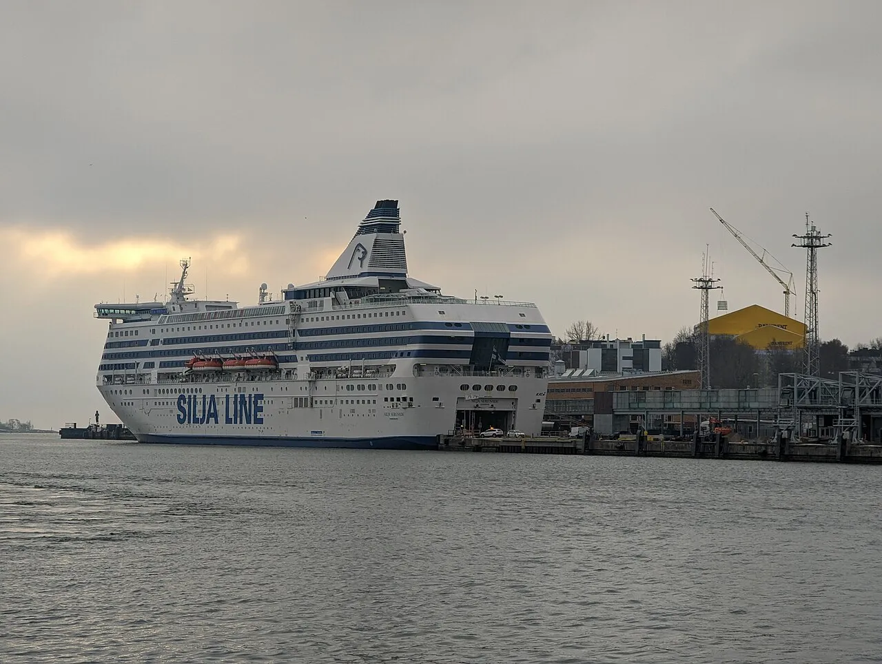 The Silja Serenade ferry waits at Olympia Terminal in Helsinki before a Baltic Sea journey.