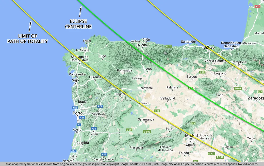A map of northern Spain showing the centerline and limits of the August 12, 2026 total solar eclipse path.
