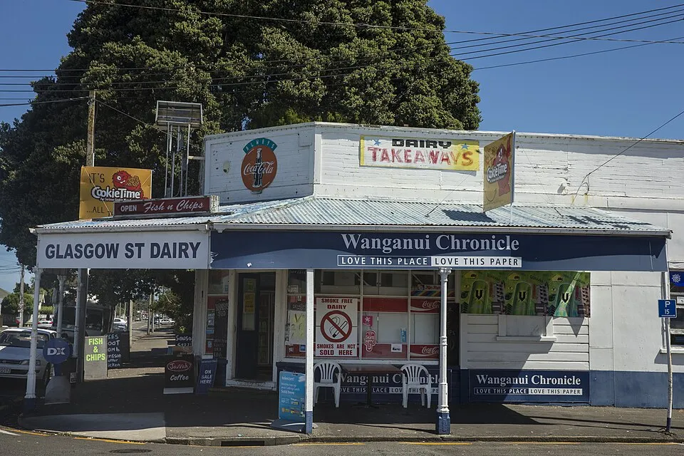 A small corner dairy shop on Glasgow Street in Whanganui, New Zealand.